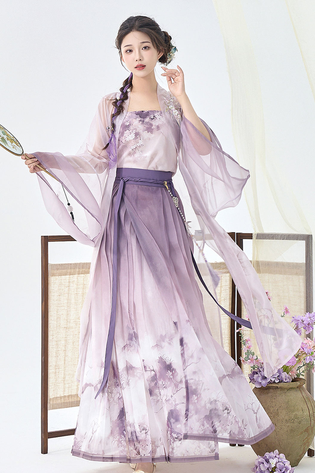 Modern Hanfu Clothing Long Sleeve Round Collar Shirt Eight Panel Skirt Blue Hanfu Dress