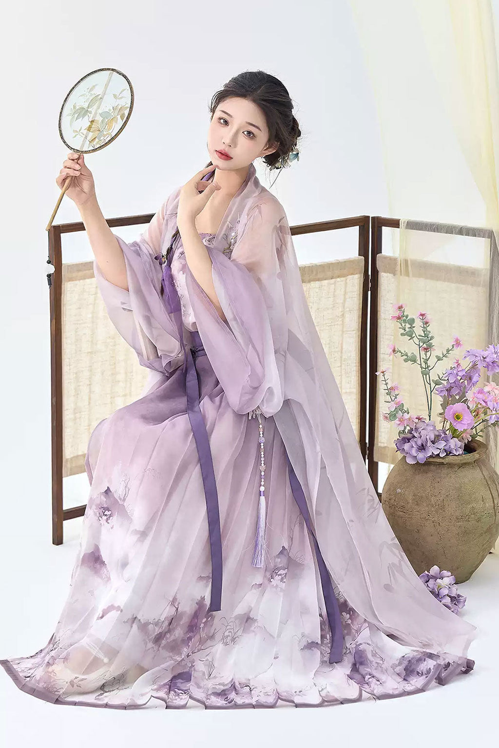 Modern Hanfu Clothing Long Sleeve Round Collar Shirt Eight Panel Skirt Blue Hanfu Dress