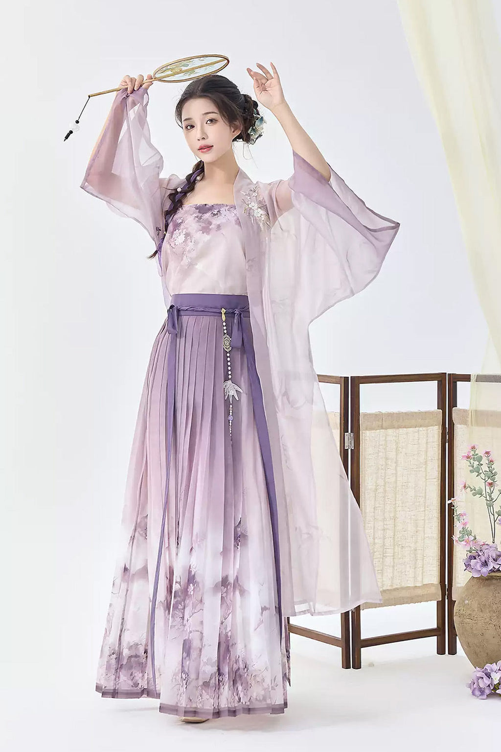 Modern Hanfu Clothing Long Sleeve Round Collar Shirt Eight Panel Skirt Blue Hanfu Dress