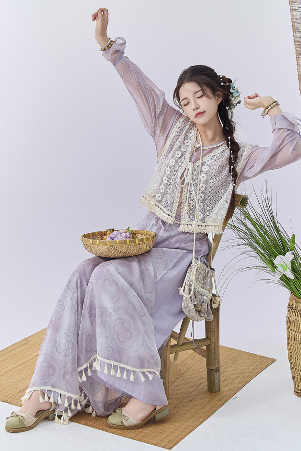 Modern Hanfu Clothing Vest Wide Leg Pants Purple Hanfu Dress