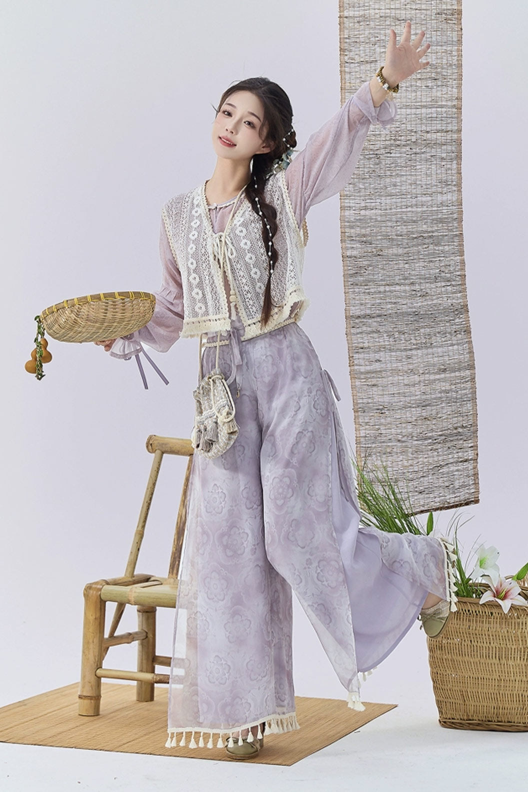 Modern Hanfu Clothing Vest Wide Leg Pants Purple Hanfu Dress