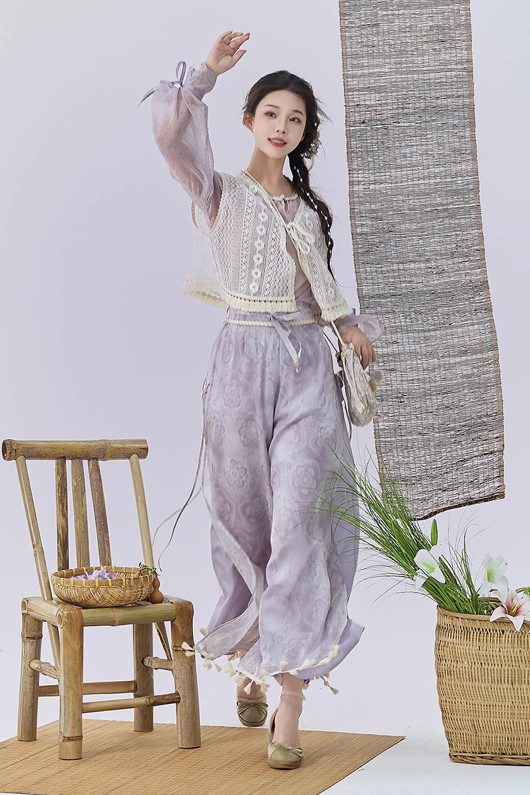 Modern Hanfu Clothing Vest Wide Leg Pants Purple Hanfu Dress