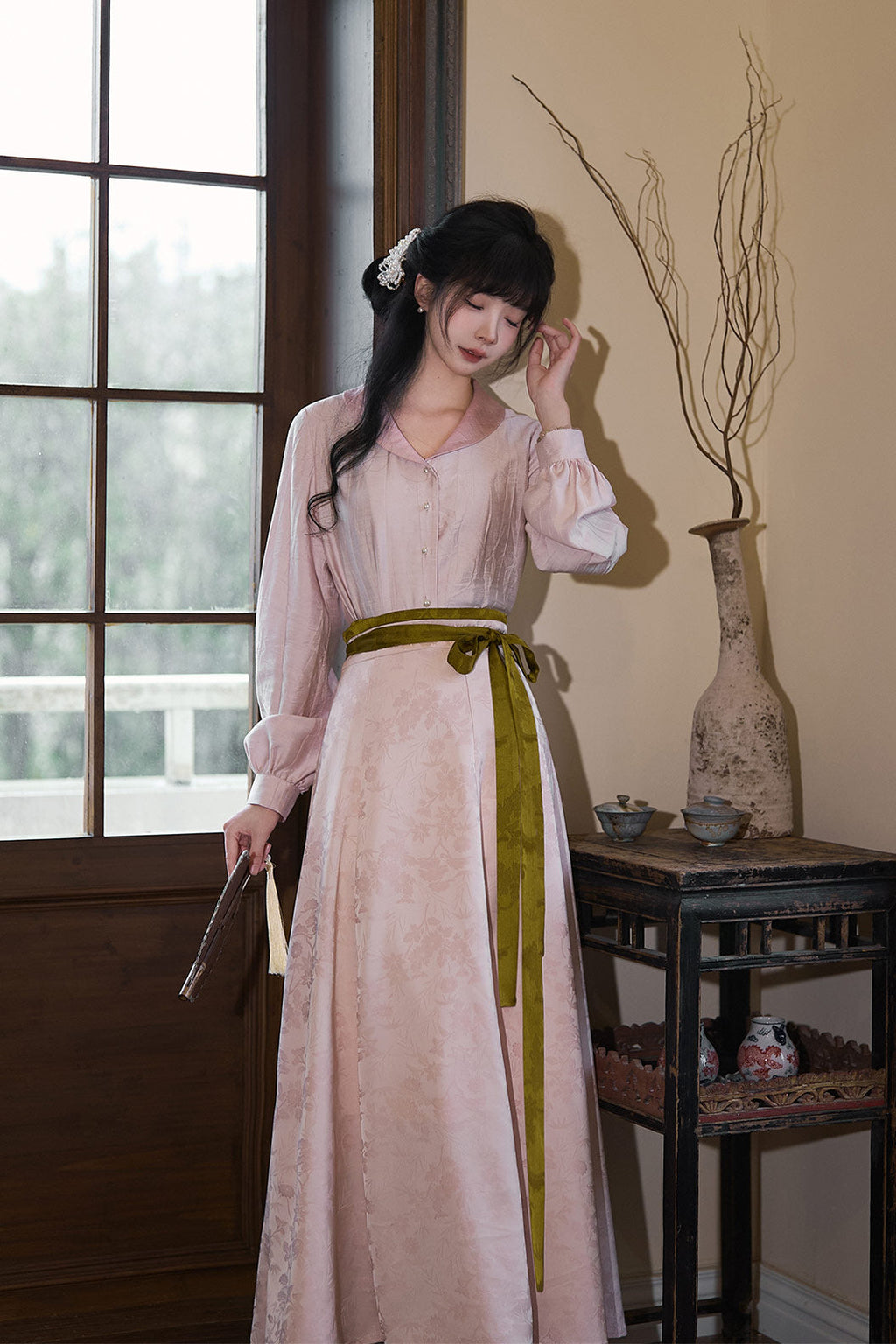 Modern Hanfu Clothing One Piece Eight Panel Skirt Hanging Collar Shirt Pink Hanfu Dress