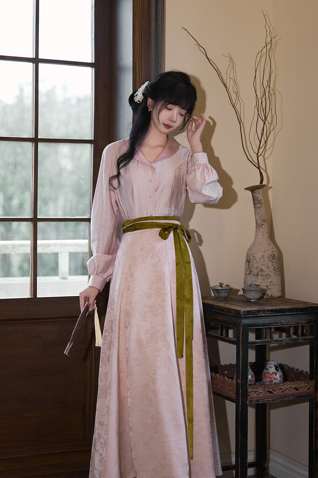 Modern Hanfu Clothing One Piece Eight Panel Skirt Hanging Collar Shirt Pink Hanfu Dress