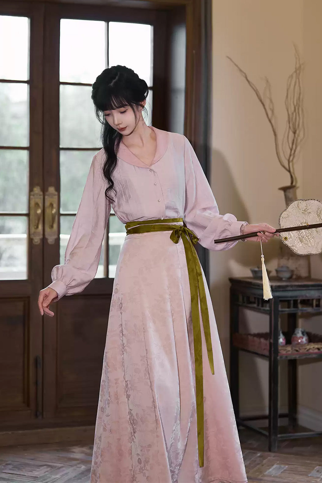 Modern Hanfu Clothing One Piece Eight Panel Skirt Hanging Collar Shirt Pink Hanfu Dress