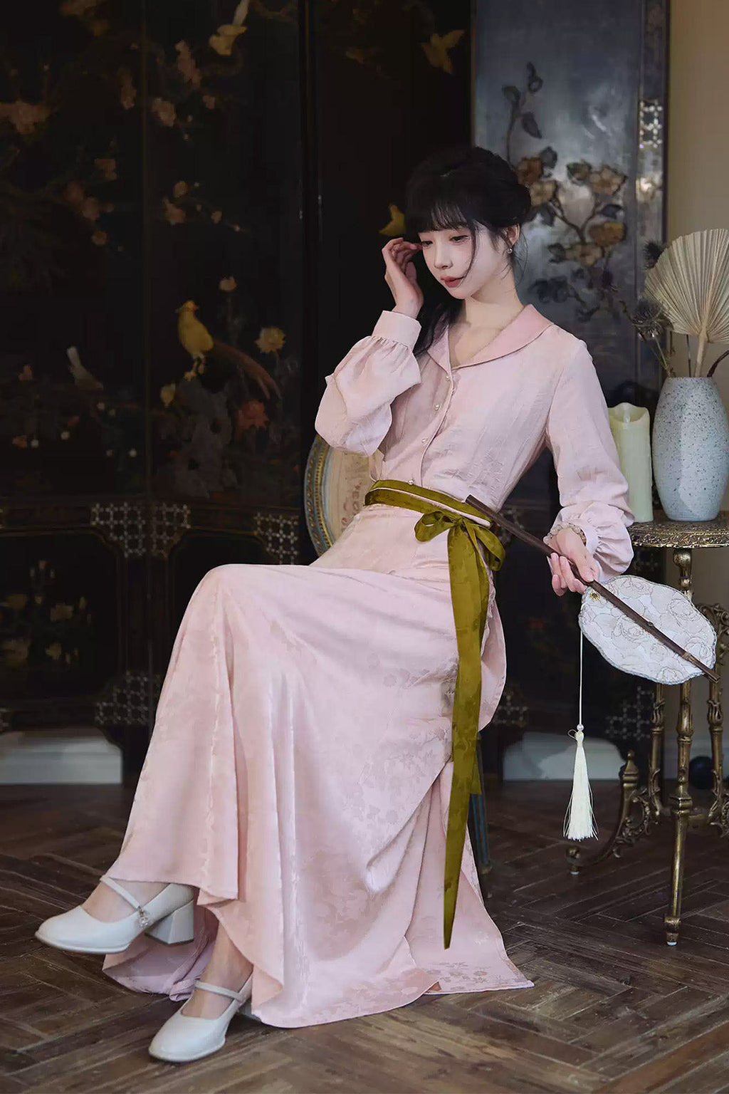 Modern Hanfu Clothing One Piece Eight Panel Skirt Hanging Collar Shirt Pink Hanfu Dress
