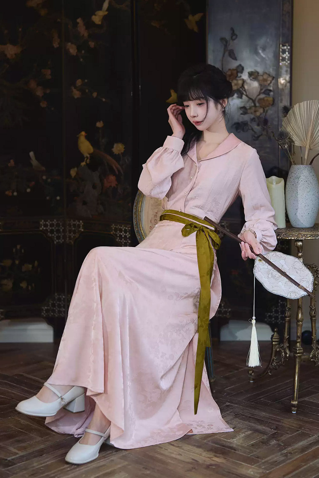 Modern Hanfu Clothing One Piece Eight Panel Skirt Hanging Collar Shirt Pink Hanfu Dress