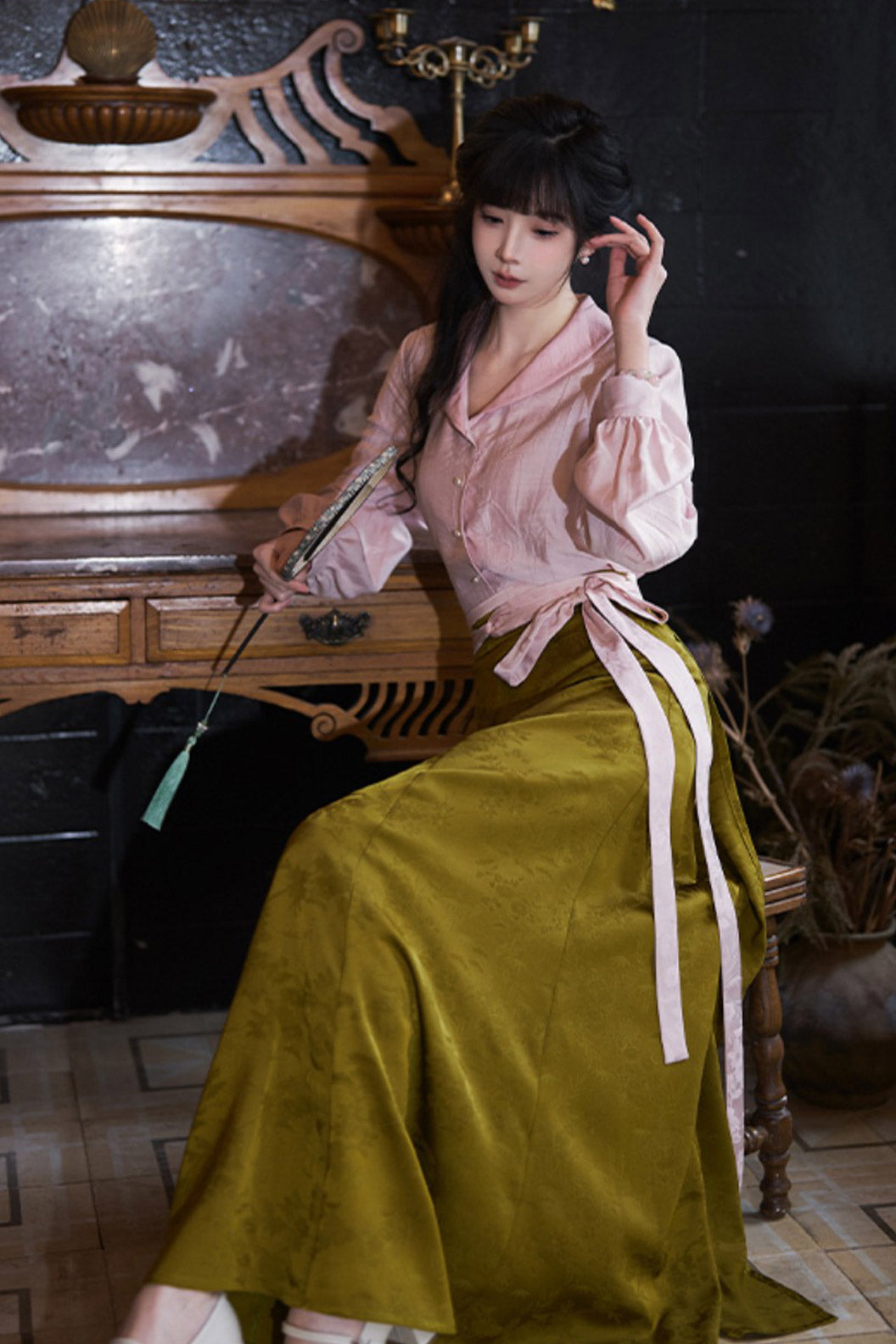 Modern Hanfu Clothing One Piece Eight Panel Skirt Hanging Collar Shirt Pink Hanfu Dress