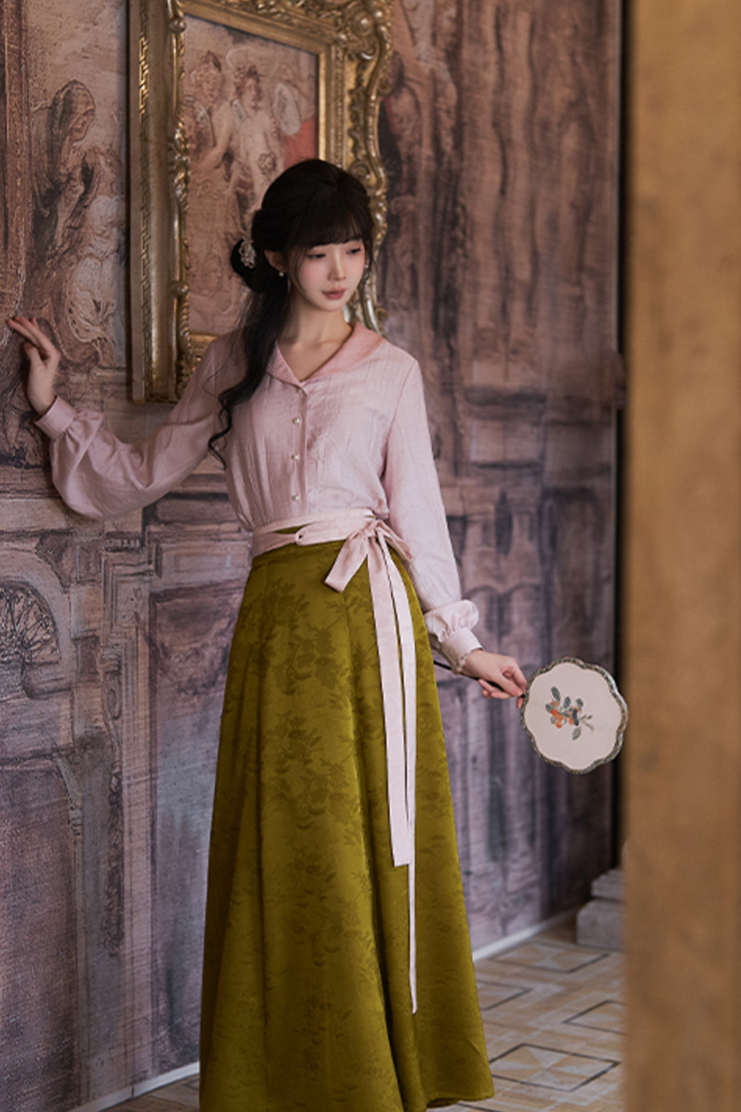 Modern Hanfu Clothing One Piece Eight Panel Skirt Hanging Collar Shirt Pink Hanfu Dress