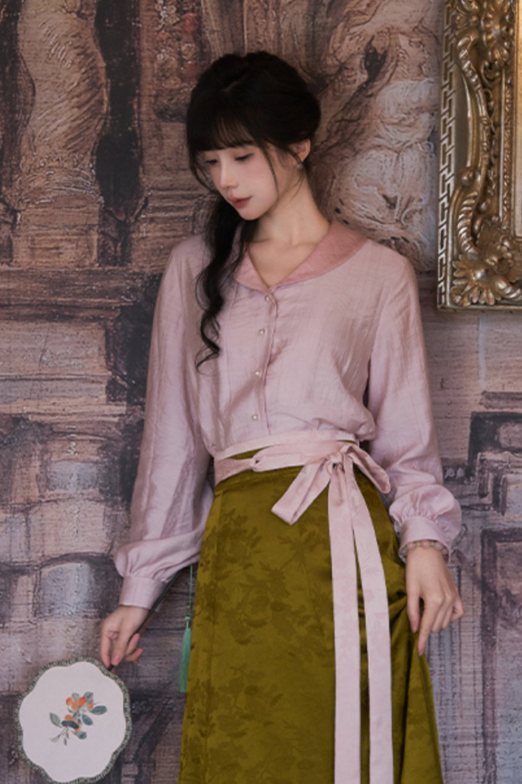 Modern Hanfu Clothing One Piece Eight Panel Skirt Hanging Collar Shirt Pink Hanfu Dress