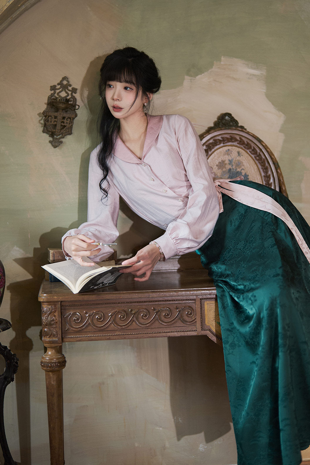 Modern Hanfu Clothing One Piece Eight Panel Skirt Hanging Collar Shirt Pink Hanfu Dress