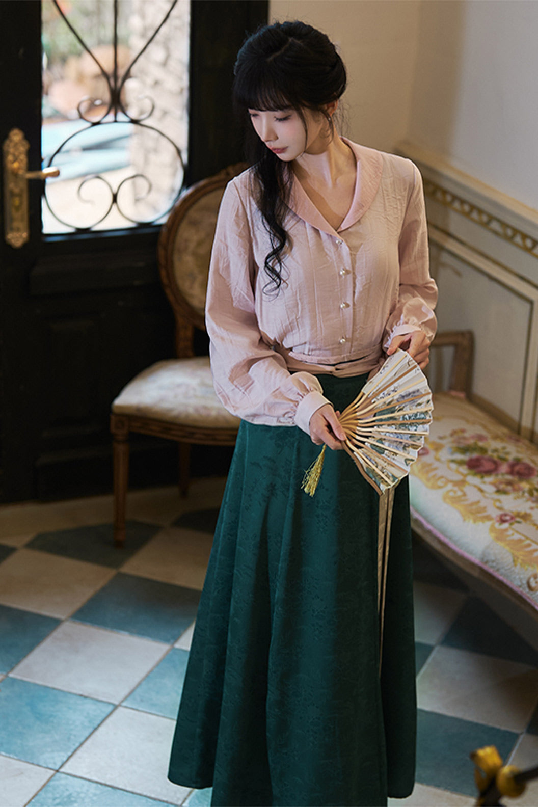 Modern Hanfu Clothing One Piece Eight Panel Skirt Hanging Collar Shirt Pink Hanfu Dress