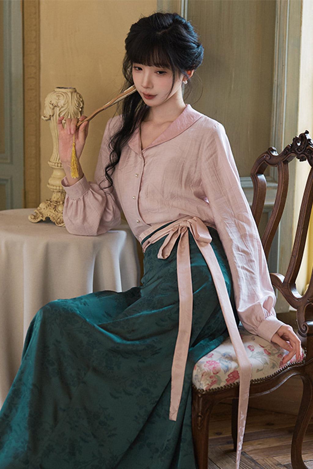 Modern Hanfu Clothing One Piece Eight Panel Skirt Hanging Collar Shirt Pink Hanfu Dress